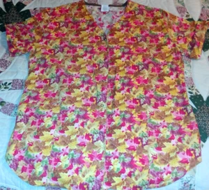 WHITE SWAN FUNDAMENTALLY COTTON SCRUBS TOP SNAP FRNT FALL LEAF TAILORED szL 2poc - Picture 1 of 7