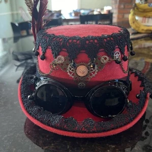 RED Steampunk Burning Man Women Top Hat with Goggles and Lace Party Head Gear - Picture 1 of 5