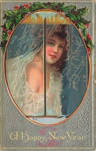 Postcard "A Happy New Year" Romantic Lady Holly Lined Silhouette Embossed 1911 - Picture 1 of 2
