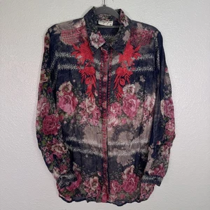 Vintage Goa Top Damen Medium Blumen bestickt Button Down Boho Tunika Bluse - Bild 1 von 11