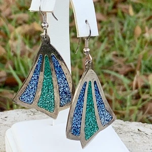 Vintage Alpaca Silver Earrings Crushed Turquoise Lapis Mexico Hook Wire Dangle - Picture 1 of 9