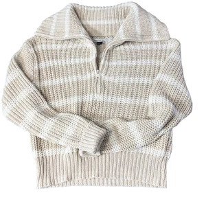 American Eagle Cropped Sweater Womens XS Cream White Stripe Rib Knit Turtleneck - Picture 1 of 11