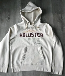 VTG HOLLISTER BEIGE HOODIE SWEATSHIRT SPELLOUT STITCH EMBROIDERED MEN SZ L HEAVY - Picture 1 of 6