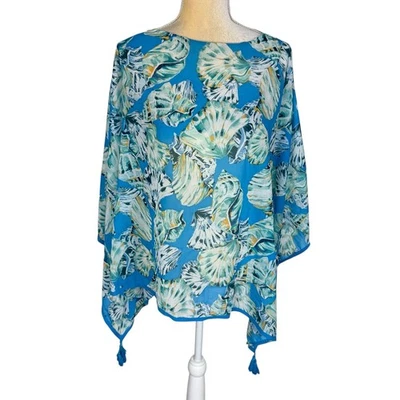 Poncho Kimono Encubrimiento Top Chico's Estampado de Concha Transparente Floral Borla Dobladillo Talla S/M Foto 1 de 4