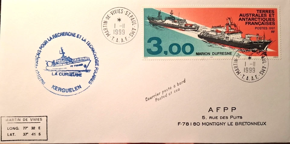 French Antarctic Territory 1999 envelope posted at sea special stamp &cancels - Image 1 of 1