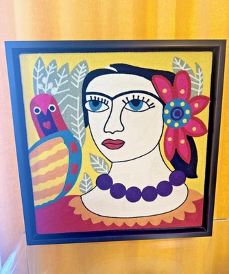 Arte de pared tejido en fibra de patio retrato Frida Kahlo enmarcado crewel 19,5"" ¡Impresionante! Foto 1 de 4