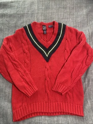 VINTAGE 90s Gap V Neck Knit Sweater HEAVY Size L Red Multicolor 100% Cotton - Image 1 of 4