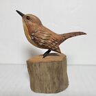 Hand Carved Hand Painted Wooden Wren Bird on Stump by John Cowden Tennessee