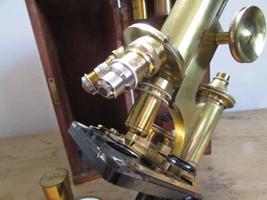 R &J BECK BRASS MICROSCOPE c/w CARL ZEISS .J H DALLMEYER fitted CASE with key - Picture 1 of 21