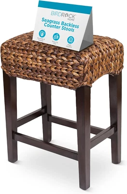 Seagrass Backless Counter Stools - Handwoven with Natural Fibers & Mahogany Wood - Image 1 of 4