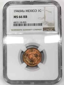 1946 Mo MEXICO Bronze CENTAVO NGC MS-66 RB - Picture 1 of 4