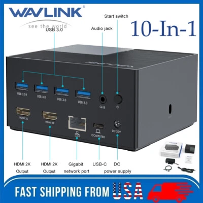 Estación de acoplamiento Wavlink USB C Dock concentrador 10 en 1 para computadora portátil Thunderbolt 3/4 Windows Foto 1 de 4