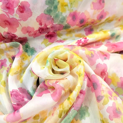 Colorful Crinkle Chiffon w/ Watercolor Spring Floral  - Designer Overstock! - Image 1 of 3