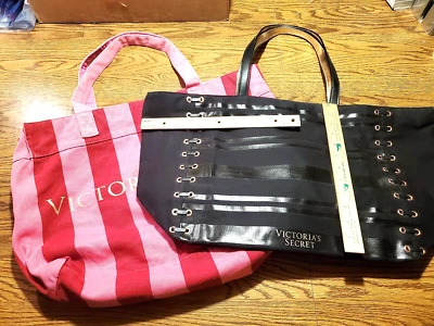 LOT of 2 Victoria's Secret Large Canvas Shoulder Beach Tote Bags BLACK + Pink !! - Image 1 of 4
