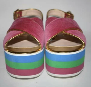 New GUCCI 474534 Pink/Rose Sandals Velour Peggy Platforms Striped Web 38.5 $850 - Picture 1 of 15