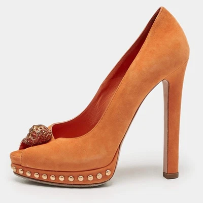 Alexander McQueen Orange Suede Skull Studded Peep Toe Pumps Size 37 - Image 1 of 4