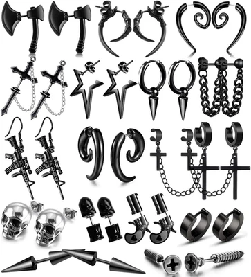 16 pares de aretes colgantes negros punk y2K de acero inoxidable para hombre, hacha calavera tornillo Foto 1 de 4
