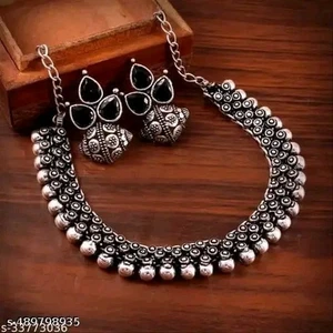Rajasthani Oxidized Choker Necklace Latest Design Earrings Adjustable Jewelry - Picture 1 of 2