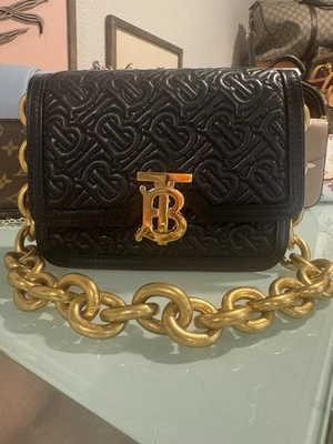 $1590 BURBERRY TB Flap Crossbody Bag Calfskin Black Embossed (us seller) - Image 1 of 4