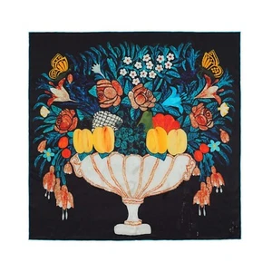 100% Mulberry silk charmeuse art scarf - Flowers and Fruit in a bowl - 20''x20'' - Picture 1 of 6