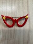 2” Red Glasses Pin Brooch With Yellow Stars Vtg
