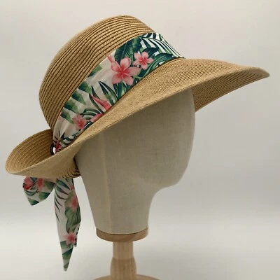 Nine West Womens Floppy Sun Hat Tropical Tie Scarf Bow One Size Wide Brim Paper - Image 1 of 4