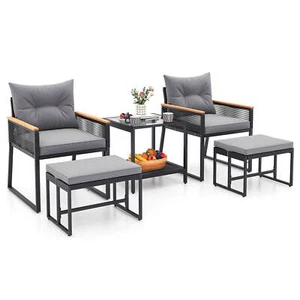 5 Piece Outdoor Conversation Set Rattan Armchairs w/ 2-Layer Side Table - Picture 1 of 10