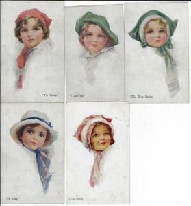 5 postales de moda para niñas pequeñas con sombreros firmadas por el artista A Vivian Mansell & Co - Imagen 1 de 3