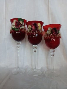 Three Red and Crystal Candle Holders. Sizes 12in, 11.5in and 11in - Picture 1 of 1