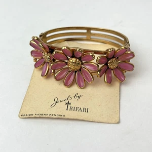 Vintage Signed Crown TRIFARI Pink Poured Glass Bezel Flower Hinged Cuff Bracelet - Picture 1 of 13