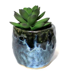 Fioriera in ceramica firmata dall'artista smalto a goccia blu piccolo vaso - Foto 1 di 7