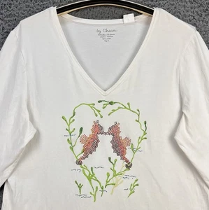 Chico's Perlen Seepferdchen V-Ausschnitt Top Damen Large 3/4 Ärmel weiß Baumwolle Freizeit - Bild 1 von 11