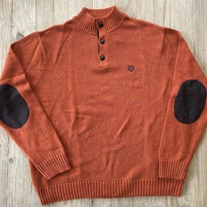 Chaps Sweater Men XL 1/4 Button Henley Mock Neck Pumpkin Orange Elbow Patch Fall - Picture 1 of 4