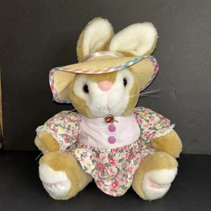 Walmart conejo de Pascua vintage con vestido y sombrero de paja para el sol peluche de primavera - Imagen 1 de 8
