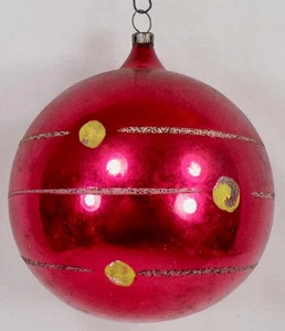 Fantasia Christmas Ornament Red Ball Yellow Dots Mica Glitter Jumbo VTG #1353 - Picture 1 of 8