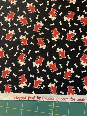 MODA PAMPERED POOCH COTTON  1.5 yards red black dogs 1930 reproduction - Image 1 of 2