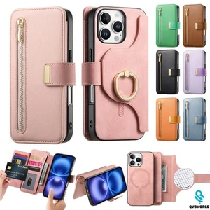 For Apple iPhone Models Magnetic Leather Ring Case Detachable Zip Wallet Cover - Picture 1 of 21