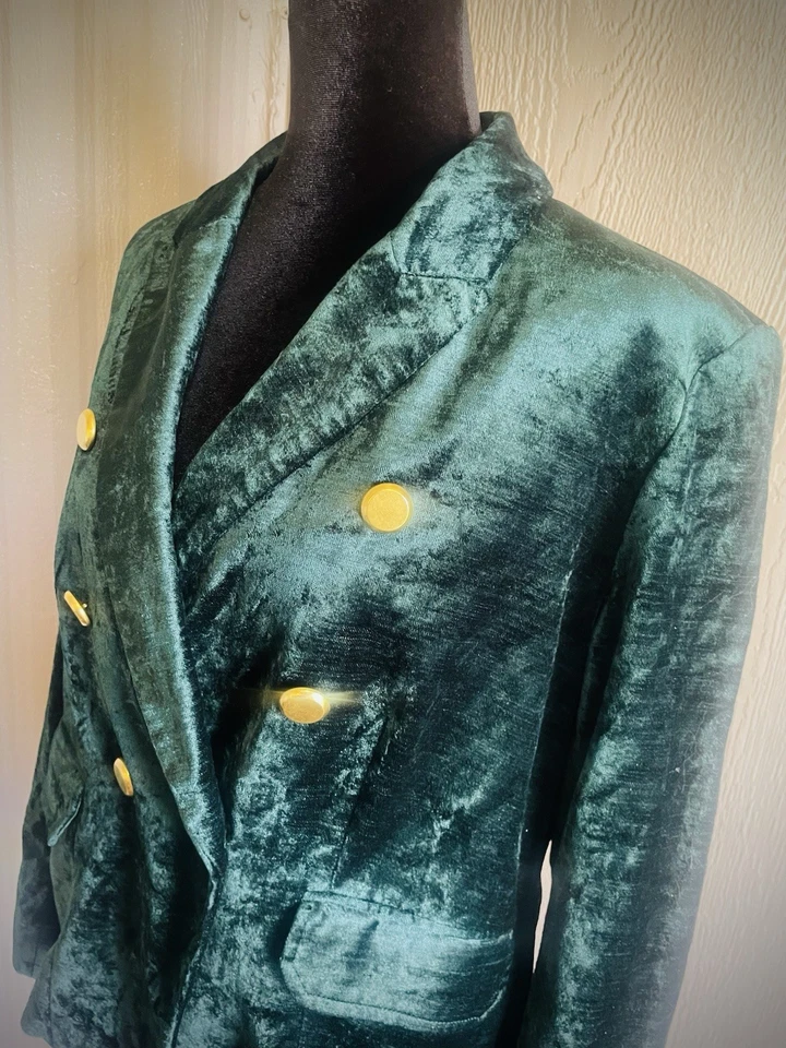 Blazer de lujo de terciopelo verde bosque de CHICO'S chaqueta corta de terciopelo botón dorado talla 2 L Foto 1 de 4