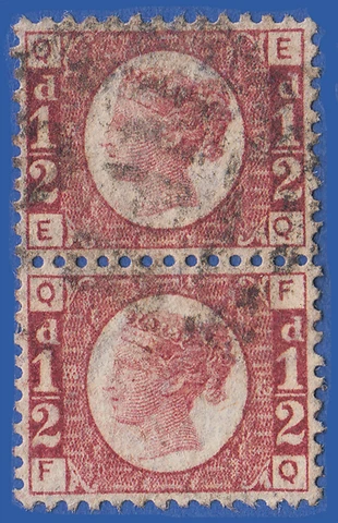 GB QV 1870 1/2d ROSE PLATE 13 EQ FQ SG49 GU VERTICAL PAIR LIGHT CANCEL Cover