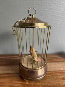 PÁJARO MUSICAL ANTIGUO EN JAULA - Imagen 1 de 7