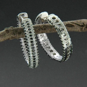 2.10 Ct Round Simulated Black Diamond Wedding Hoop Earrings 925 Sterling Silver - Picture 1 of 4