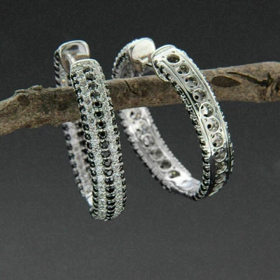 2.10 Ct Round Simulated Black Diamond Wedding Hoop Earrings 925 Sterling Silver - Image 1 of 4