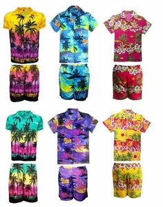 KIDS BOYS GIRLS CHILDREN SET BEACH SUMMER HOLIDAY FANCY HAWAIIAN SHIRT AND SHORT - Picture 1 of 21