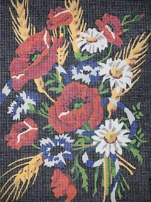 Vtg Margot Red Poppies Flowers on Black Background Needlepoint Canvas Paris NOS - Image 1 of 4