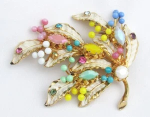 Austria Enamel Pink Turquoise Yellow Blue Bead Stones Leafy Swag Brooch Pin - Picture 1 of 6