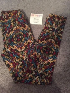LulaRoe Black Red Blue Yellow Floral Geometric Arrows OS Leggings - Picture 1 of 3