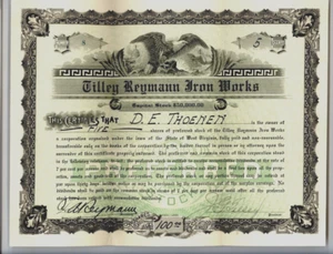 Certificado de stock Tilley Reymann Iron Works 5 acciones stock preferente 1916 ¡RARO! - Imagen 1 de 2