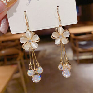 Wedding Gold Plated Crystal Flower Hook Earrings Drop Dangle Women Jewelry Gifts