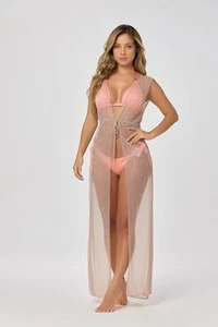 Maxi encubrimiento largo sin mangas de lujo de diseñador de malla transparente Diosa oro rosa - Imagen 1 de 11