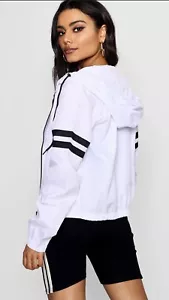 BRANDY MELVILLE White Cropped Zip-up Windbreaker With Navy Striped Sleeves - Picture 1 of 10